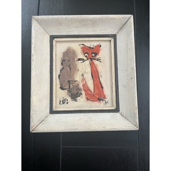 Mid Century Atomic Cat Hand Painted Framed Art Whimsical Cool Cats 7.5x 8.5 x1.5 - Picture 5 of 11